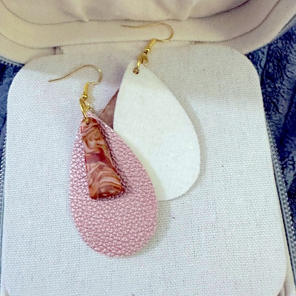 Handmade Pink Teardrop Shape Leather & Polymer Clay Accent Charm - Picture 2 of 2